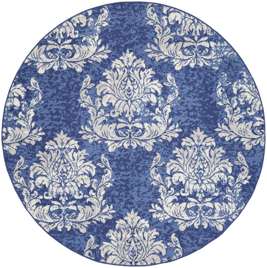 Round Nourison Whimsicle rug. Navy blue rug with ivory damask pattern. Farmhouse style.