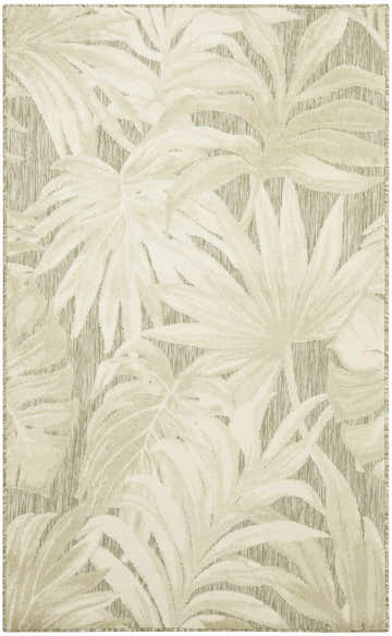 Close-up of the Nourison Aloha Ivory Sage Area Rug featuring a large-scale tropical leaf pattern in ivory and sage.