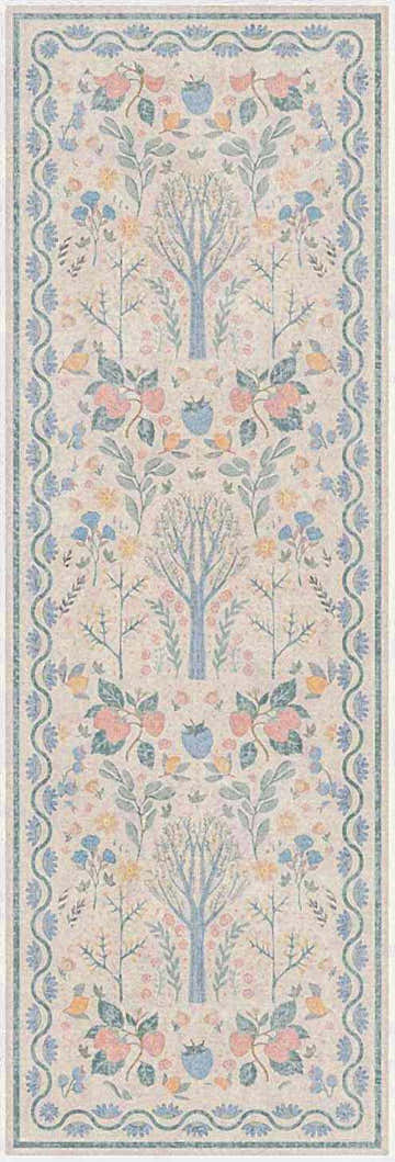 Close-up of Nourison Botanical Ivory Multicolor rug. Features a tree, fruit, and floral pattern with a blue scalloped border.