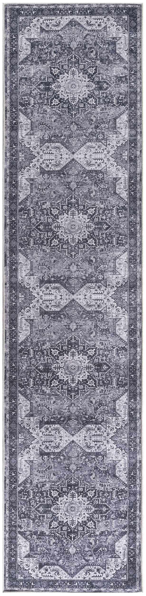Detailed view of the Nourison Charcoal Grey Vintage Washable Area Rug, featuring taupe accents and a classic pattern.