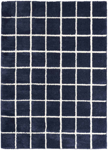Close-up of the DKNY West End Ave Navy Ivory rug, featuring a shag texture and a modern grid pattern.