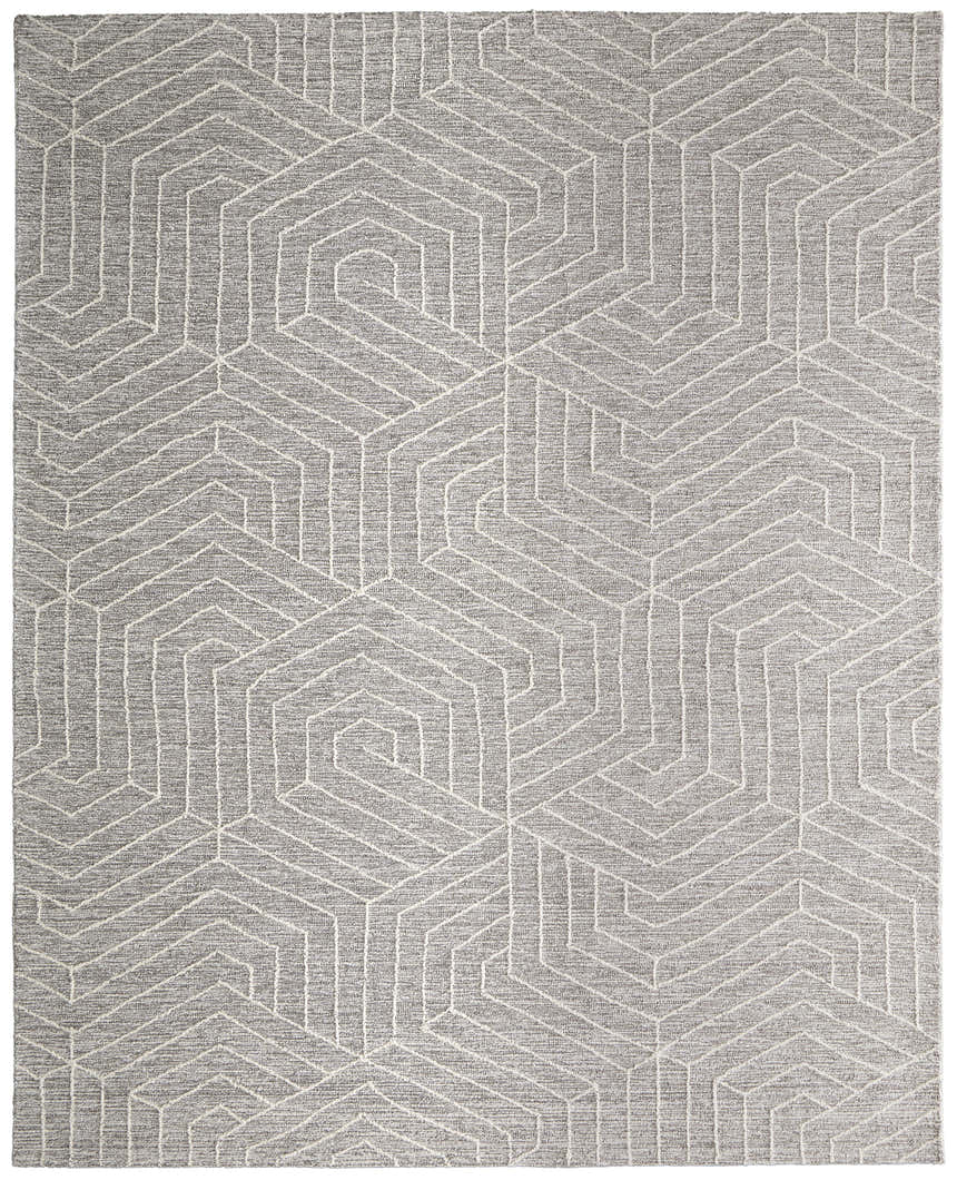 Close-up of the Feizy Emerson Gray/Ivory Area Rug. Features a modern geometric pattern and textured wool. Design-Rectangle