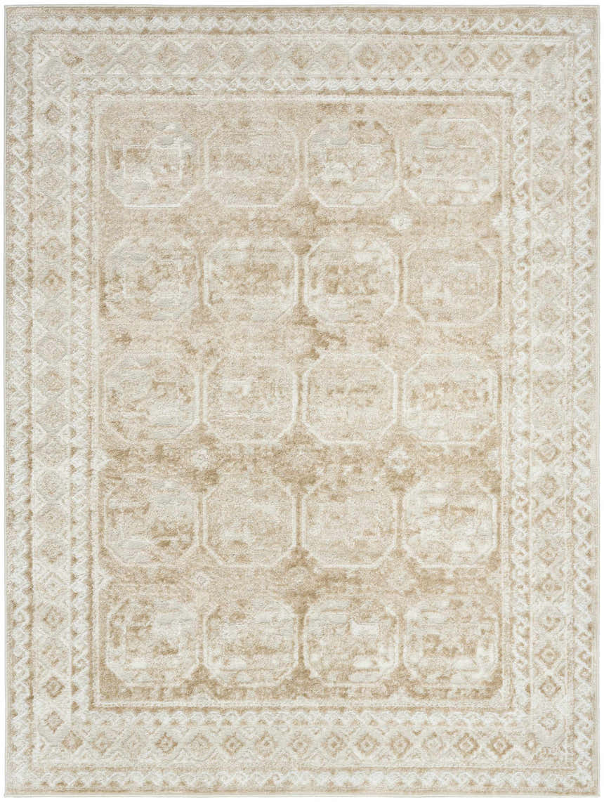 Close-up of the Nourison Dekor Cream Beige Vintage Area Rug, featuring a geometric pattern and high pile texture.