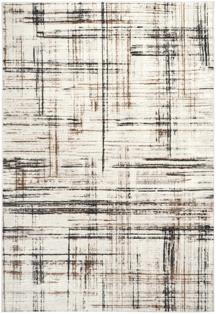 Close-up of Calvin Klein CK029 Captivating Ivory Multicolor rug. Features chestnut, black and ivory modern line design.
