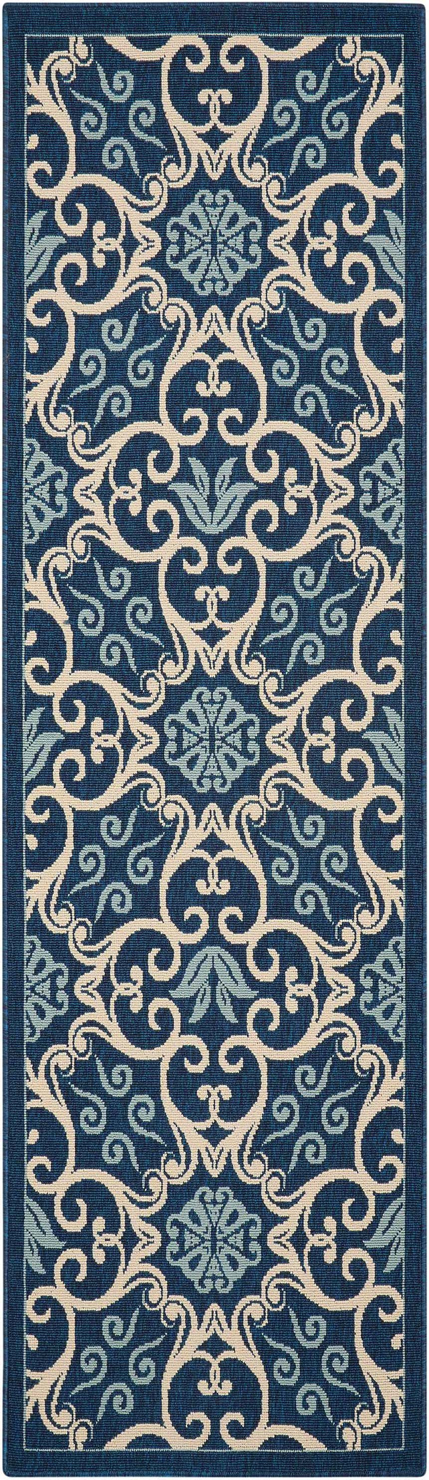 Close-up of the Nourison Caribbean Navy Contemporary Area Rug, featuring a floral and scroll pattern in navy, cream, and light blue.