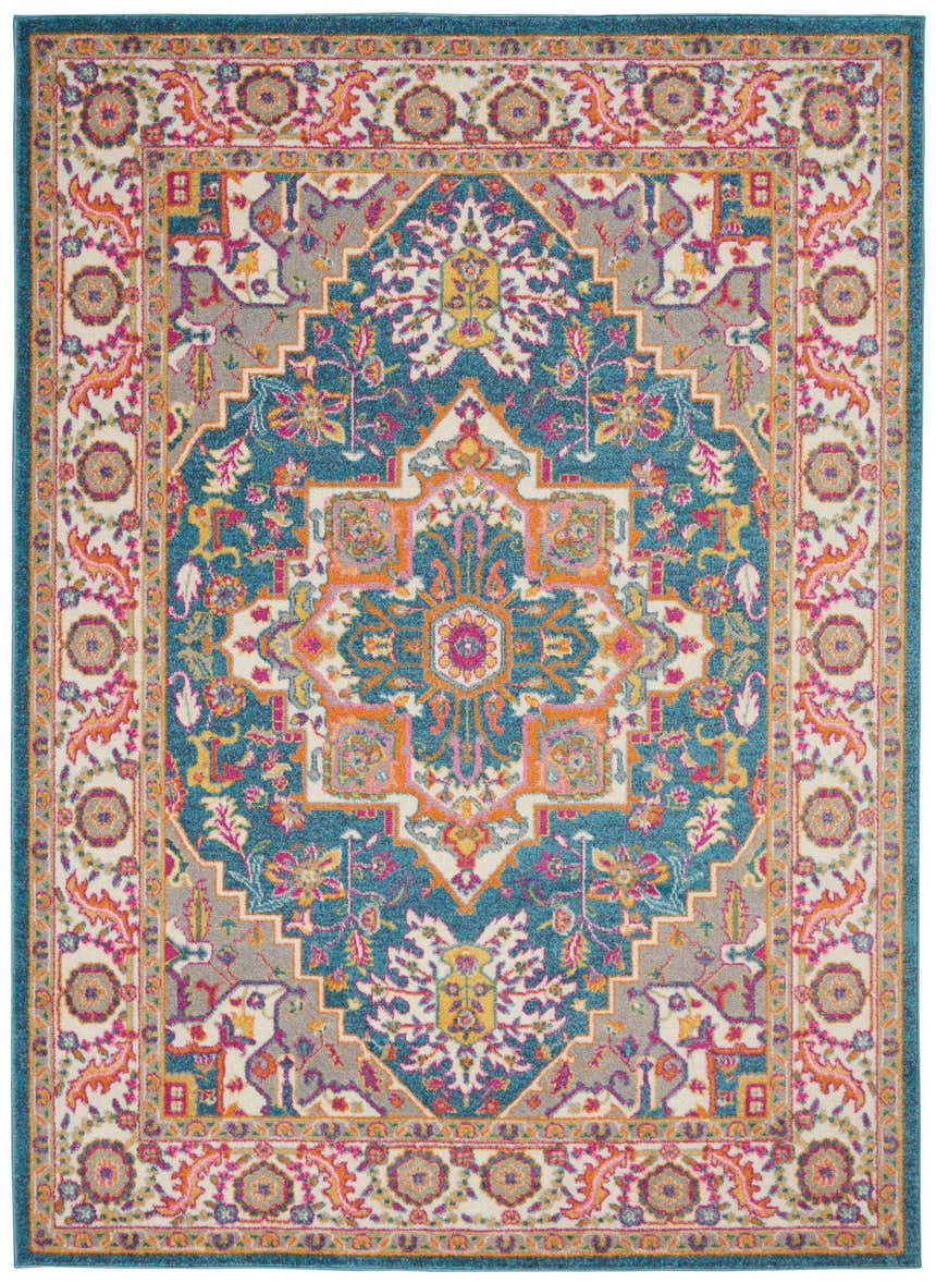 Close-up of the Nourison Passion Teal Multicolor Bohemian Indoor Area Rug, featuring a vibrant, intricate pattern.
