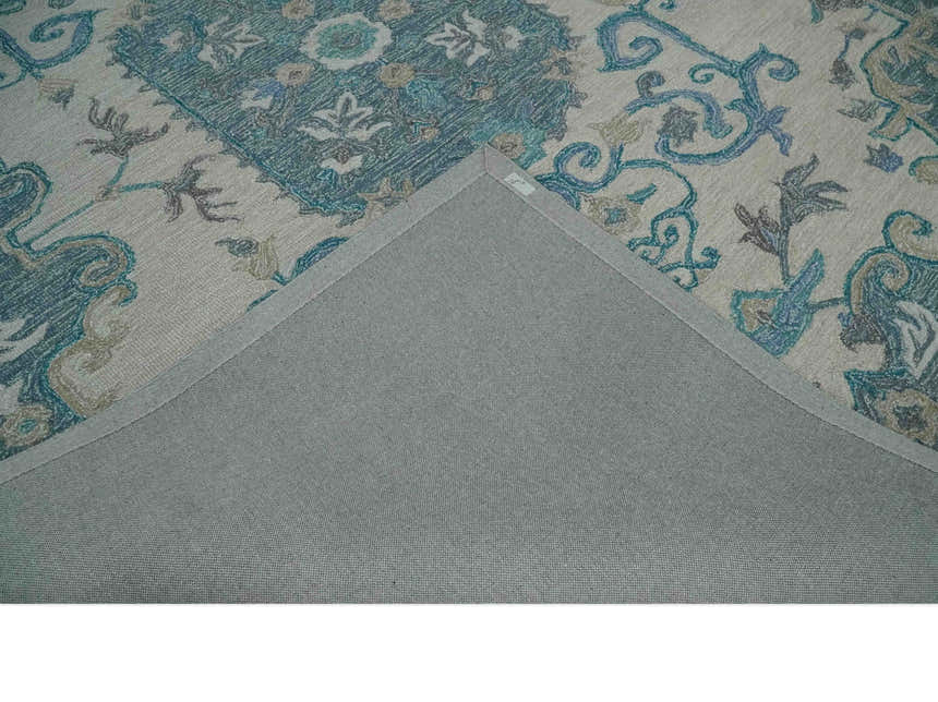 French Design Aubusson Custom Made Ivory and Blue Hand Tufted Wool Area Rug