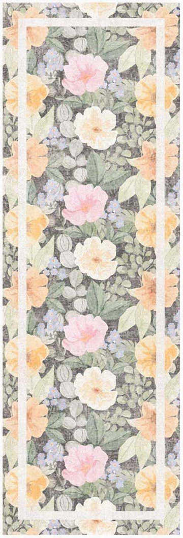 Close-up of Nourison Botanical s Charcoal Multicolor Farmhouse Indoor Washable Area Rug with pink, peach, and cream floral pattern.