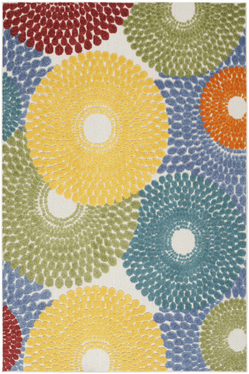 Close-up of the Nourison Aloha Multicolor Area Rug. Features a floral pattern in yellow, blue, green, orange, and red hues.