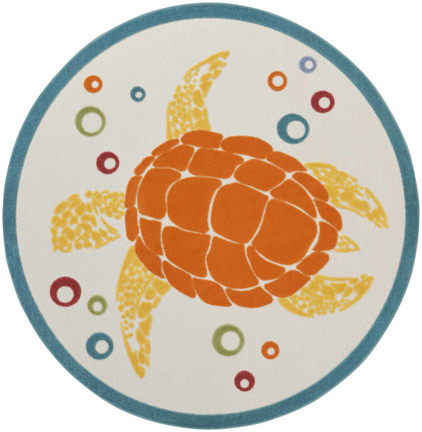 Close-up of round Nourison Aloha Teal Multicolor rug with orange turtle and colorful bubble pattern. Coastal style.