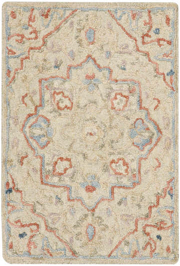Close-up of the handmade Nourison Maison Ivory Vintage Area Rug. Features chestnut, blue, and pink vintage-inspired patterns.