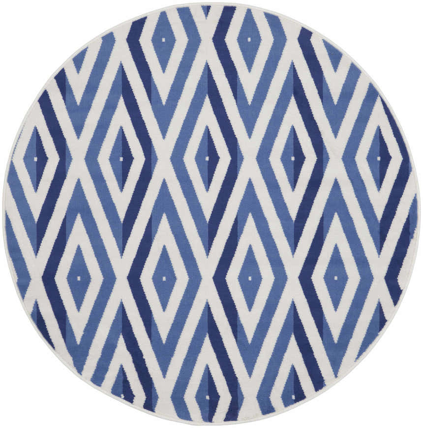 Close-up of a round Nourison Whimsicle Ivory Blue rug. Features a diamond pattern in shades of blue and white.