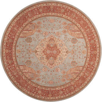 Round Nourison Heritage Hall Aqua rug with floral pattern and terracotta border. Handmade wool rug.