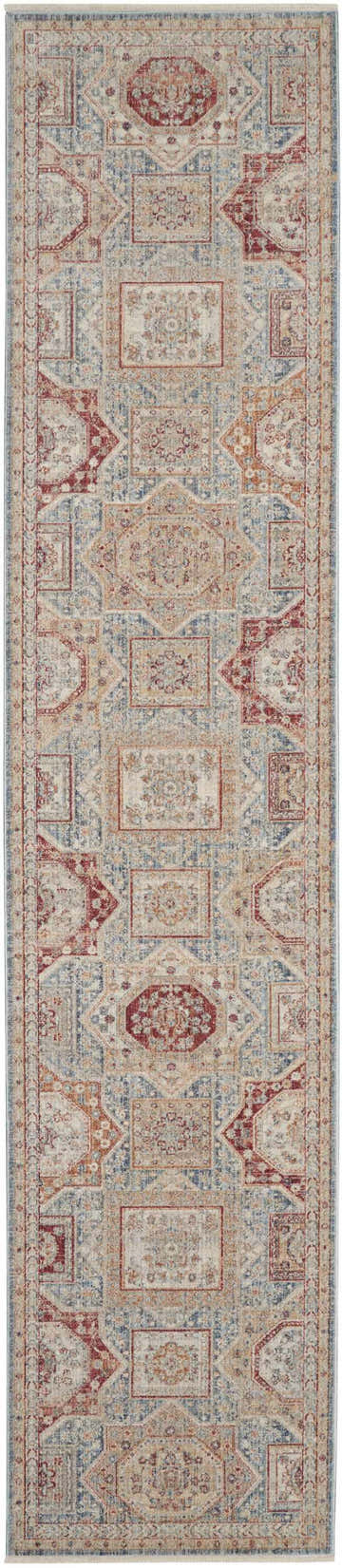 Close-up of the Nourison Homestead Blue Multicolor Vintage Indoor Area Rug, featuring a geometric pattern.