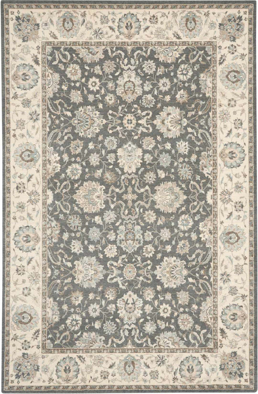 Detailed floral pattern of the Nourison Living Treasures Grey Ivory Area Rug. Farmhouse style with chestnut accents.
