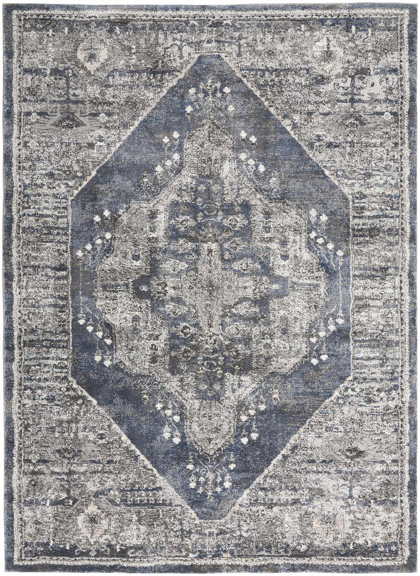 Close-up of the Nourison American Manor Blue Farmhouse Area Rug, featuring a diamond pattern and light blue tones.