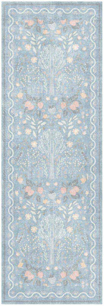 Close-up of Nourison Botanical Light Blue Multicolor rug featuring a tree and floral pattern. Machine-made, washable rug.