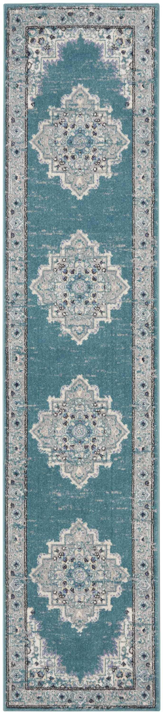 Close-up of Nourison Passion Turquoise Grey Bohemian Indoor Area Rug runner with a detailed medallion pattern.