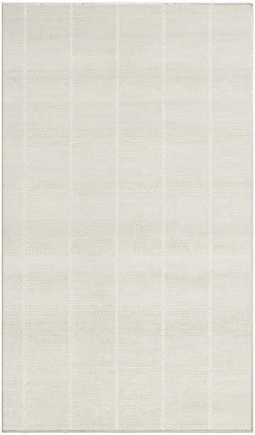 Close-up of the ivory Nourison Serenity Home rug. High pile texture with subtle vertical stripes. Modern, neutral design.