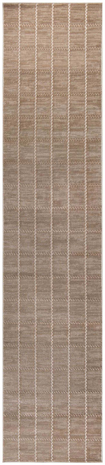 Close-up of Nourison Serenity Home Mocha Ivory rug. Modern design with chestnut color and ivory stripes. High pile texture.