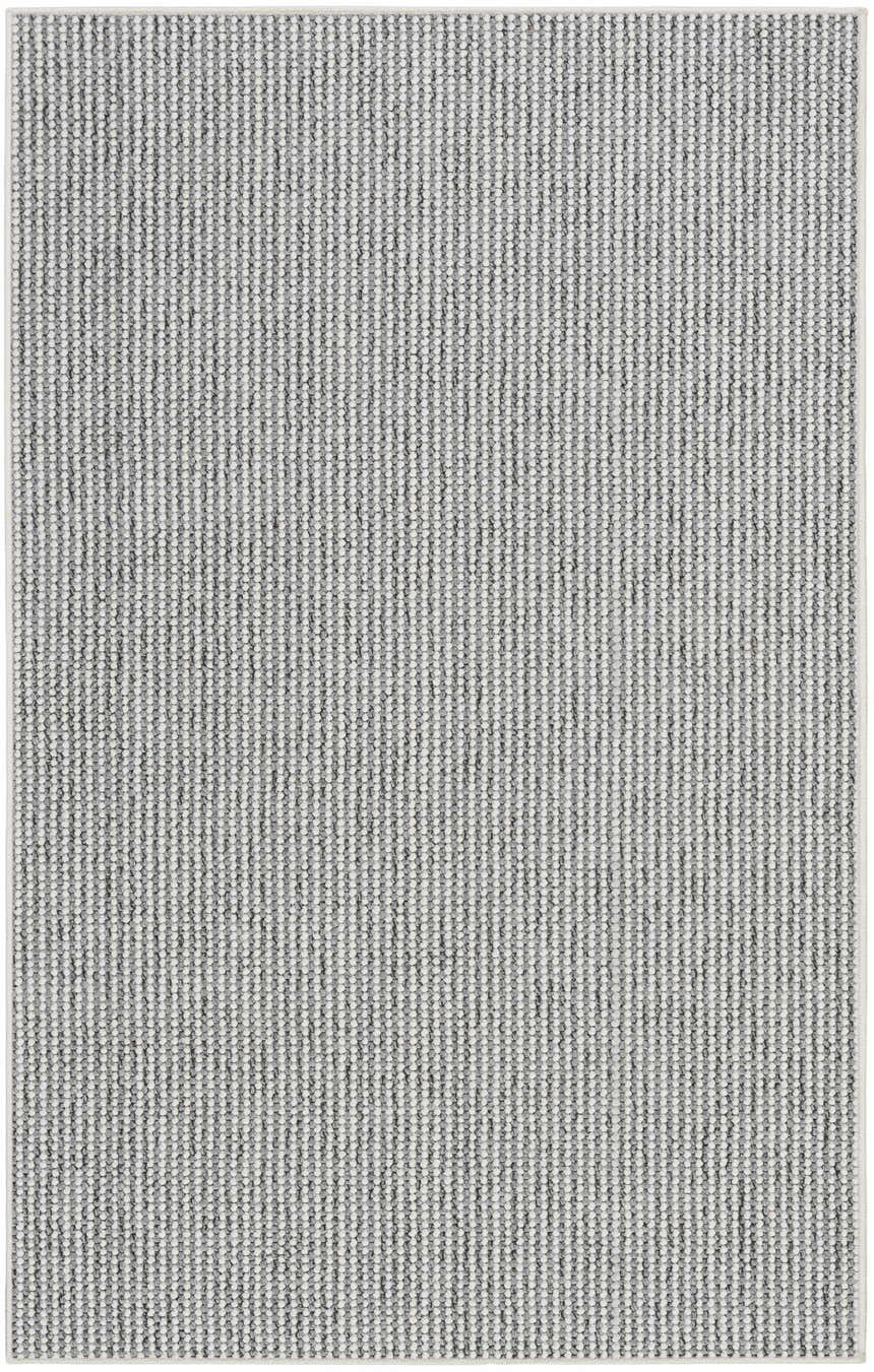 Close-up of the textured Nourison Natural Texture Ivory Grey Farmhouse Area Rug. Vertical stripes in light gray and ivory.