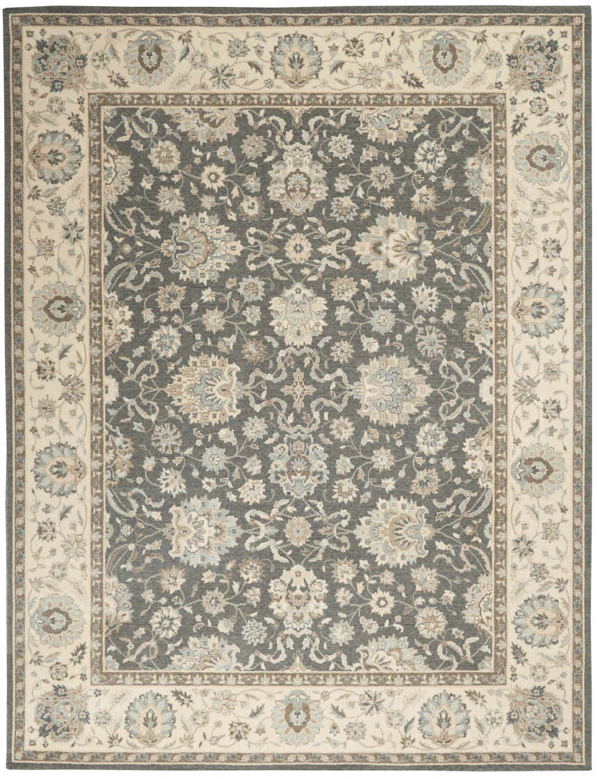 Close-up of the Nourison Living Treasures Grey Ivory Farmhouse Area Rug, showcasing its floral pattern and neutral color palette.