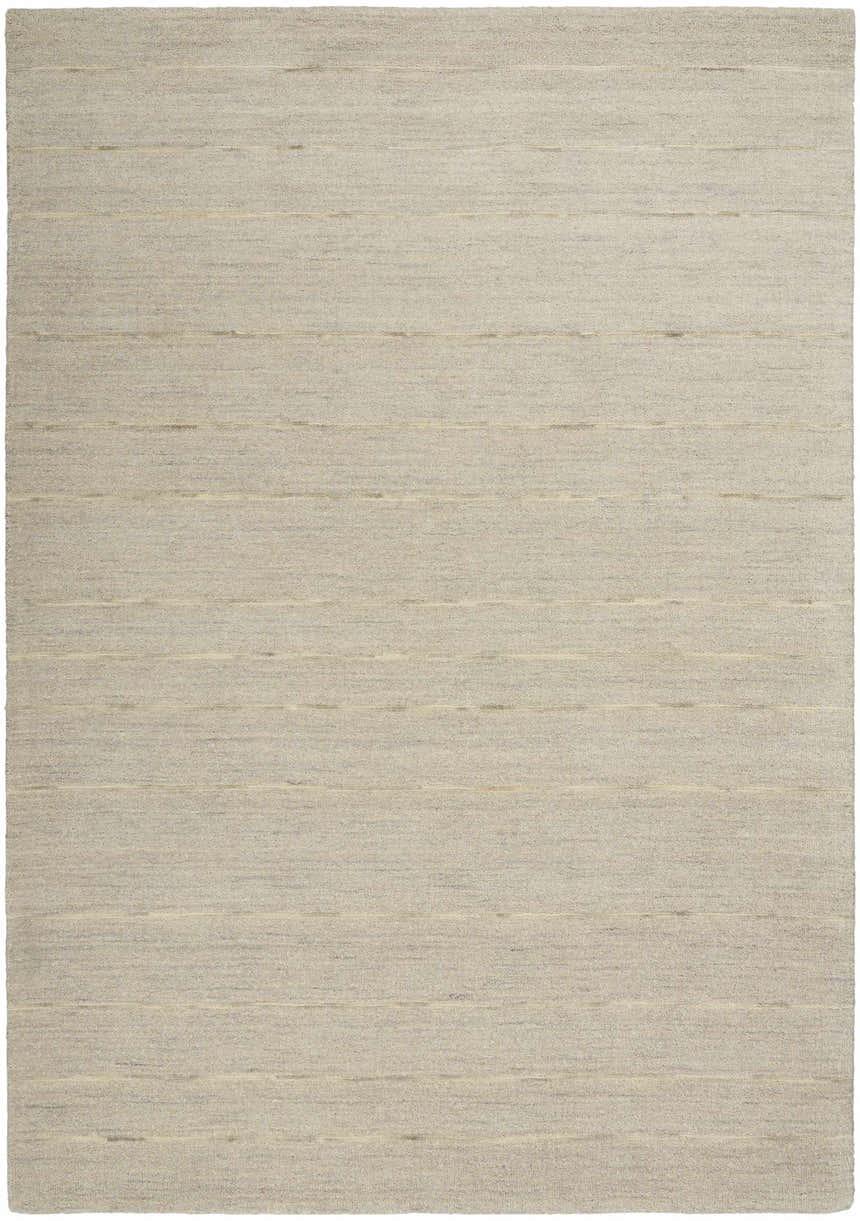 Close-up of the handmade Calvin Klein Halo Grey area rug. Neutral gray wool rug with subtle horizontal stripes.