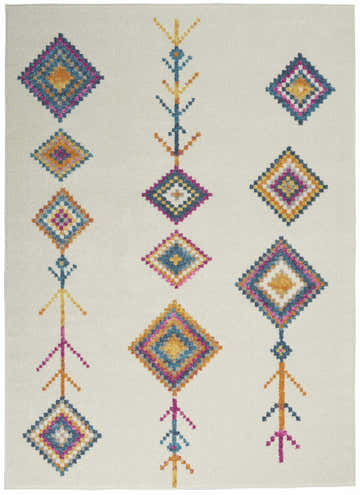Close-up of Nourison Passion Ivory Multicolor Bohemian Indoor Area Rug with diamond and arrow geometric design.