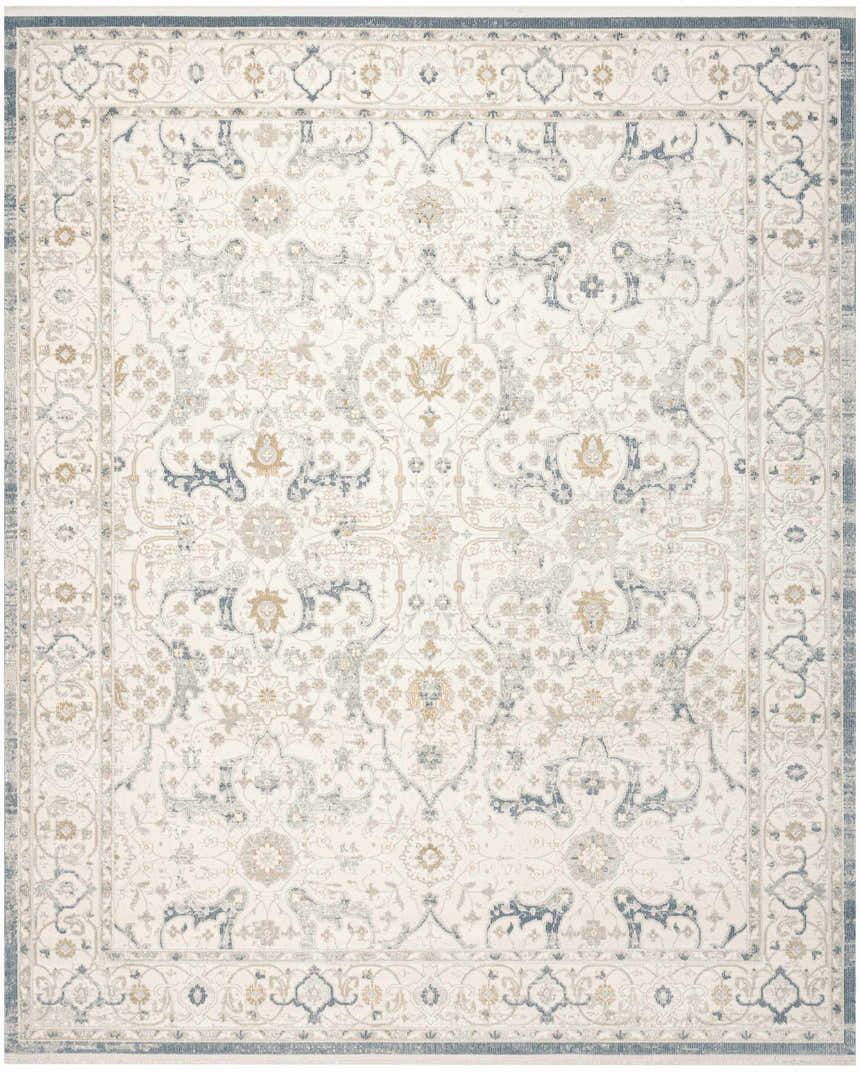 Close-up of Nourison Pardis Light Blue Vintage Area Rug. Features a traditional floral and animal pattern.