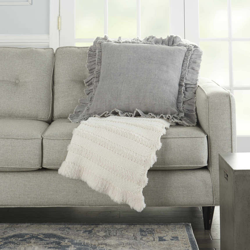 Mina Victory Sofia Linen Frilled Border Grey Indoor Throw Pillow - Clearance