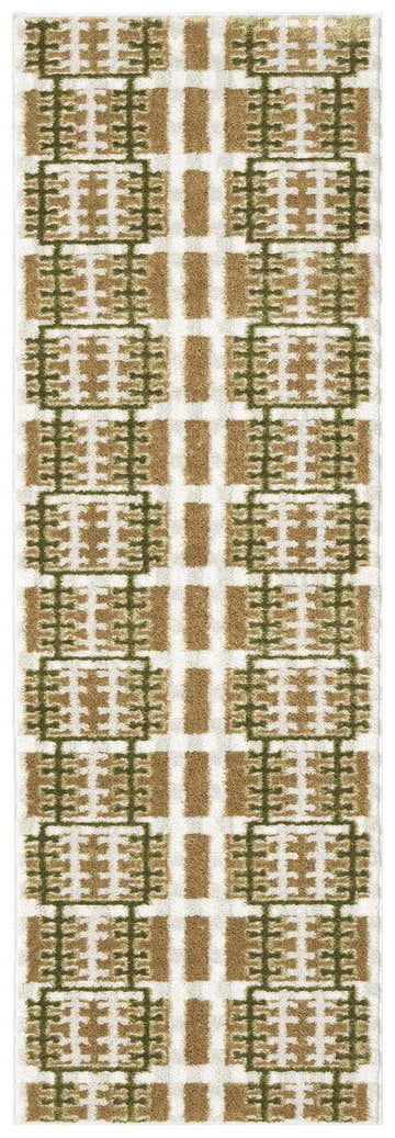 Close-up of Nourison Nordic Multicolor rug. Geometric pattern in tan, olive green, and cream. Modern style.