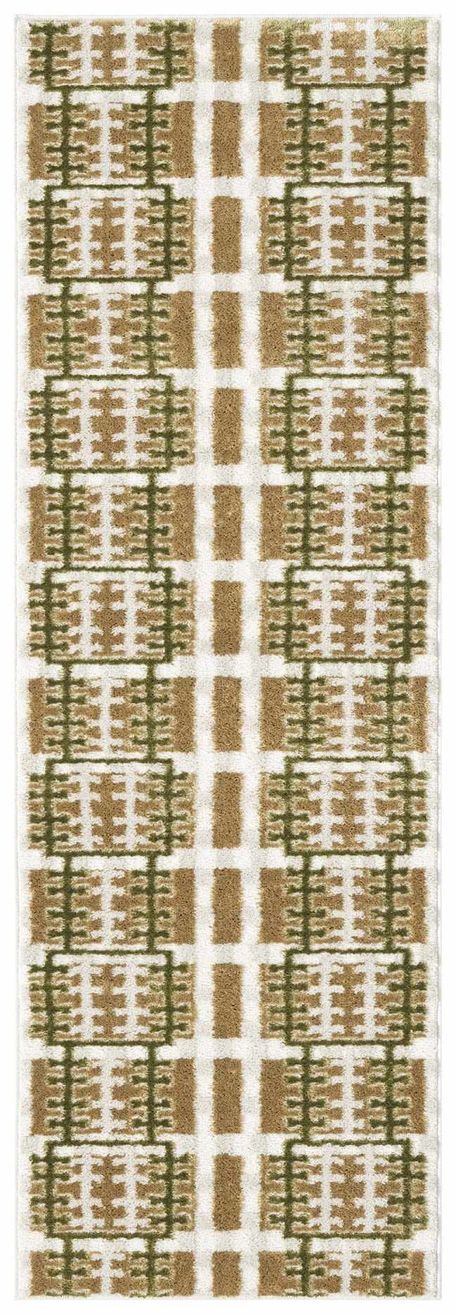 Close-up of Nourison Nordic Multicolor rug. Geometric pattern in tan, olive green, and cream. Modern style.