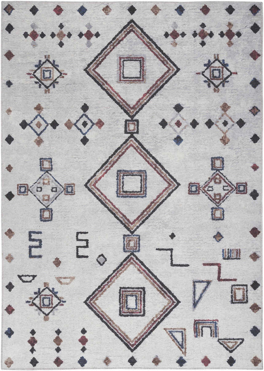 Close-up of Nourison New Concept Ivory Multicolor Bohemian Indoor Washable Area Rug with diamond and geometric patterns.