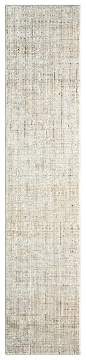 Close-up of DKNY Grand Street Ivory Beige rug. Modern, machine-made pile with chestnut accents. Rectangle, runner shape.