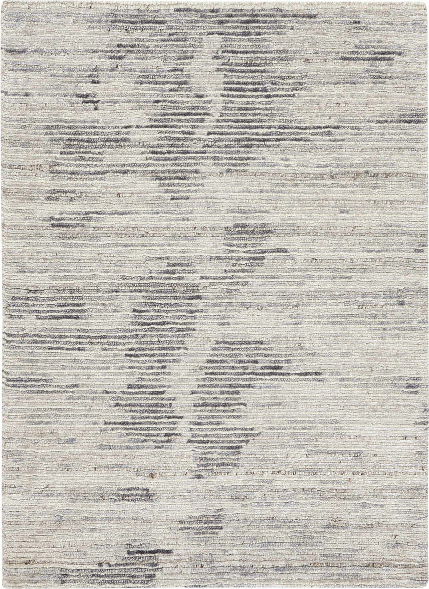 Close-up of the Nourison OCEAN Cream Charcoal rug. Taupe handmade rug with a subtle, modern horizontal pattern.