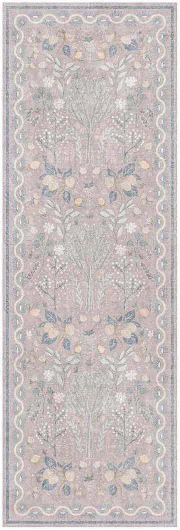 Close-up of Nourison Botanical Grey Multicolor rug, featuring a floral and tree design with a wavy border.