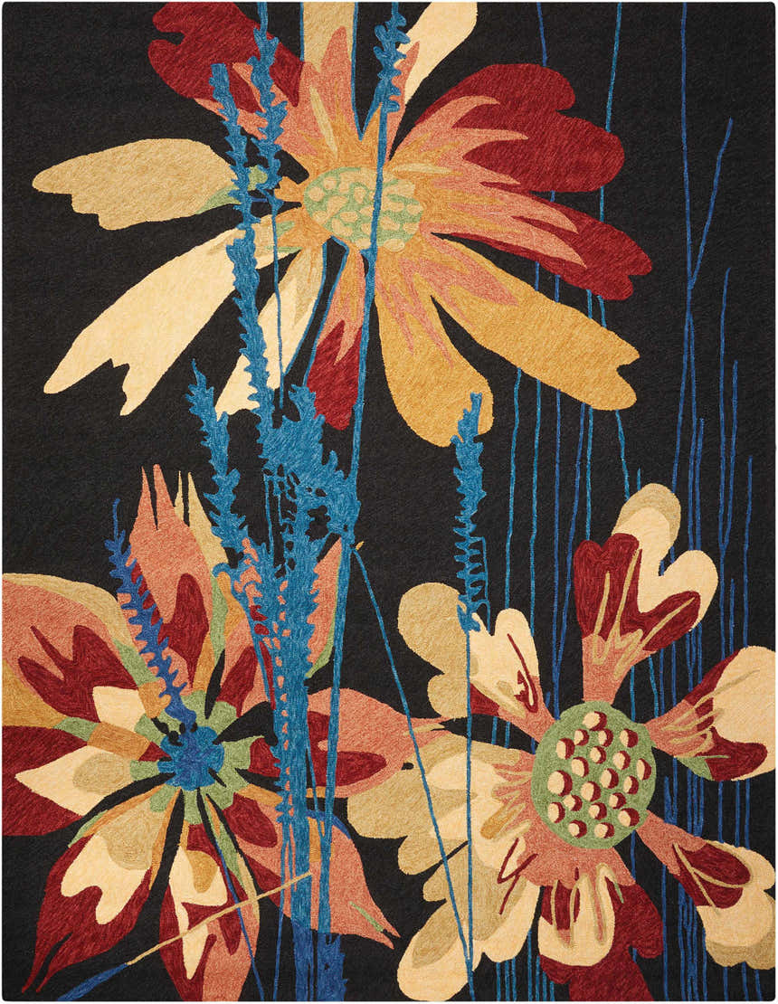 Close-up of the Nourison South Beach Black Area Rug, featuring a floral design with red, yellow, and blue accents on a black background.