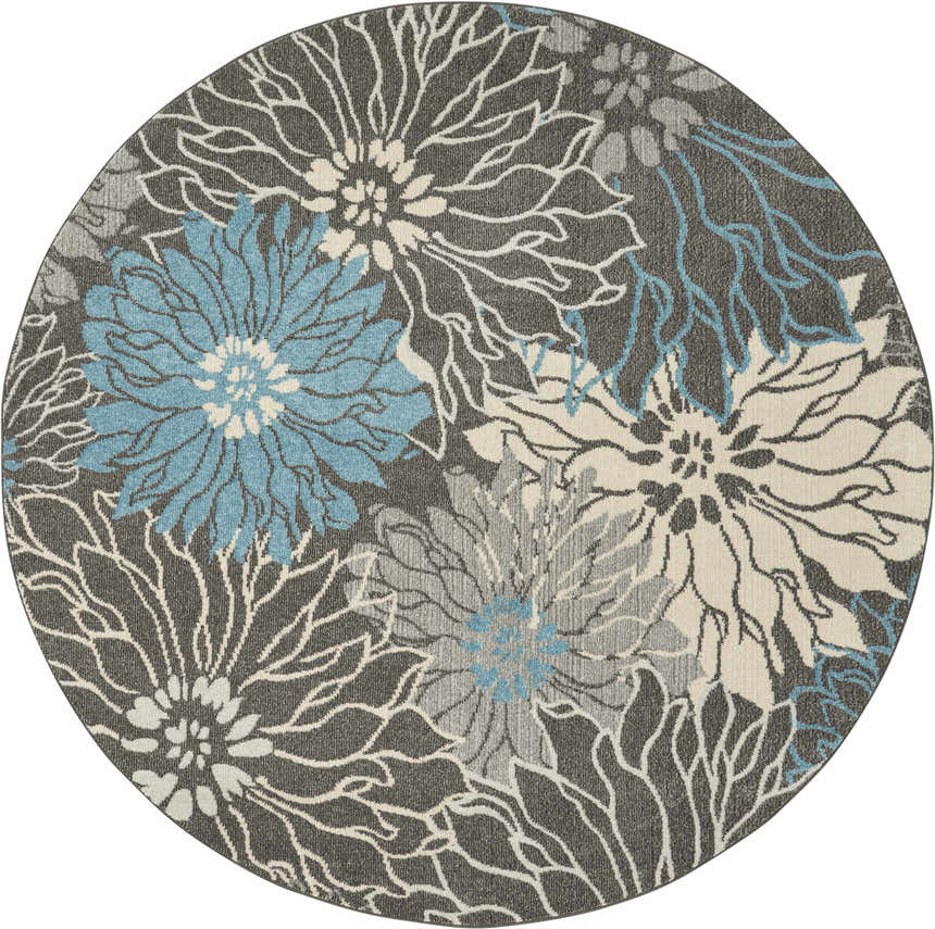 Close-up of the round Nourison Passion Charcoal Blue rug featuring a contemporary floral pattern in taupe, gray, and blue.