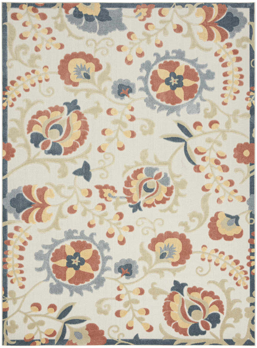 Close-up of the Nourison Aloha Grey Multicolor Farmhouse Area Rug, featuring a floral pattern in gray, blue, gold, and rust.