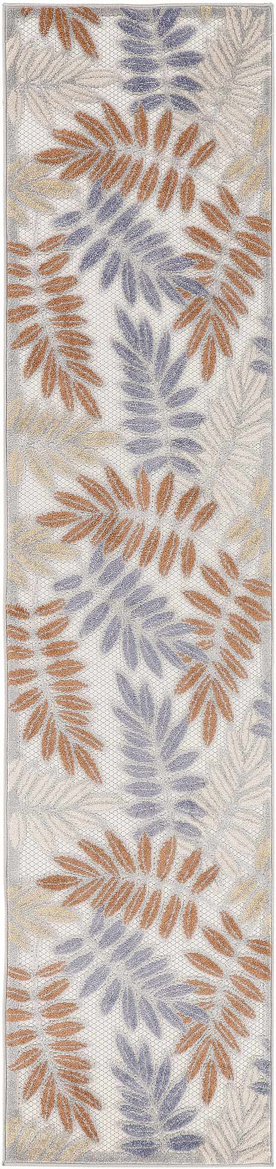 Close-up of Nourison Aloha Blue Mocha outdoor runner rug featuring a leaf pattern in blue, mocha, and cream.