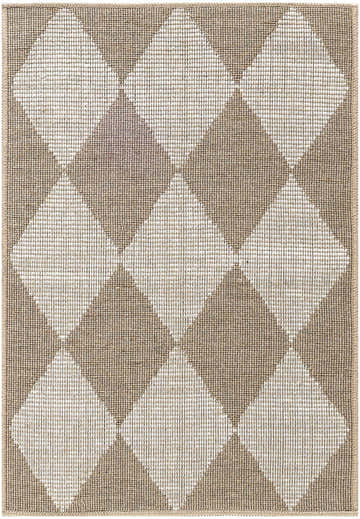 Close-up of the Nourison Modern Jute rug. Natural ivory rug with chestnut diamond pattern and woven texture.