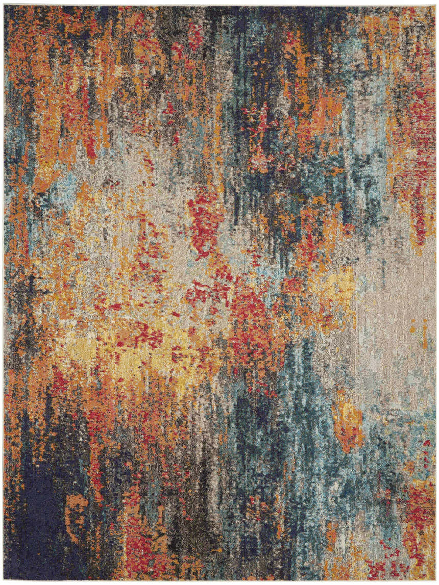 Close-up of the Nourison Celestial Multicolor area rug, featuring an abstract design with orange, blue, red, and gold tones.