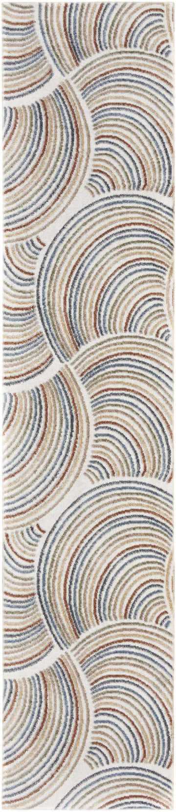 Close-up of Nourison Astra Ivory Multicolor Rug with mid-century modern arch pattern in chestnut, blue, and green hues.