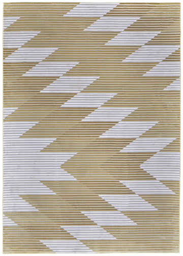 Close-up of Feizy Marigold rug. Gold, gray, and white geometric stripe pattern. Modern, mid-century style. Design-Rectangle-57