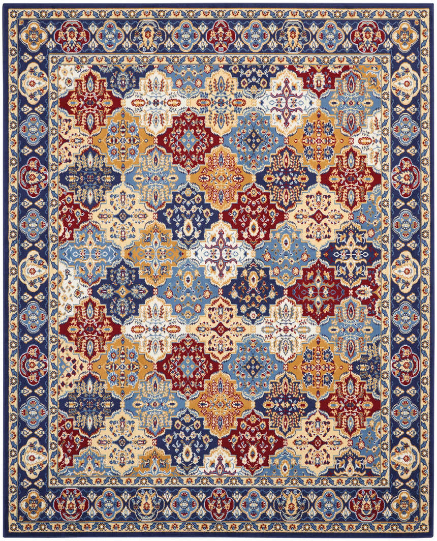 Close-up of the Nourison Grafix Multicolor Bohemian Indoor Area Rug featuring a geometric, floral pattern in red, blue, and gold.