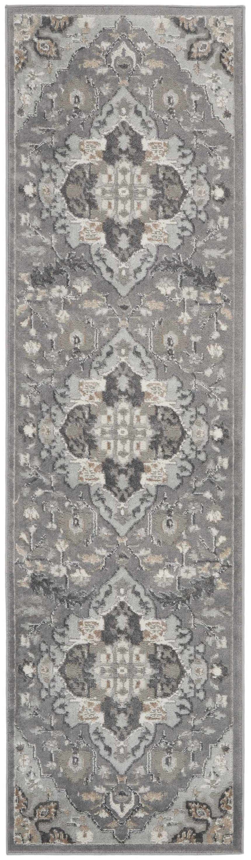 Close-up of Nourison Elation Ivory Grey rug, showcasing its transitional design, high pile texture, and chestnut color accents.