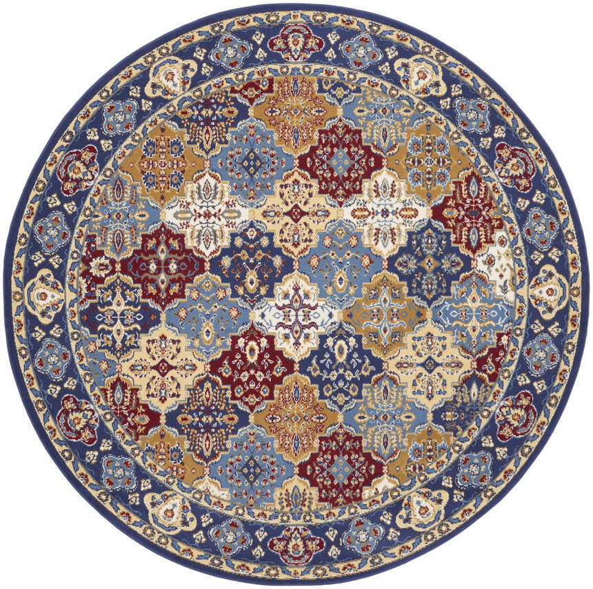 Close-up of a round Nourison Grafix Multicolor Bohemian rug. Features a detailed floral pattern in blue, red, and gold tones.