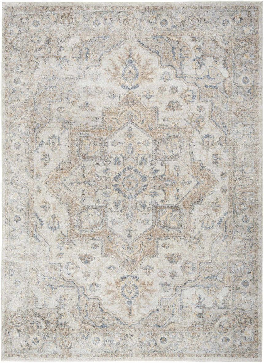 Nourison Astra Silver Gray Rug. Machine-made vintage style rug with a central medallion pattern in silver, gray, blue, and beige.