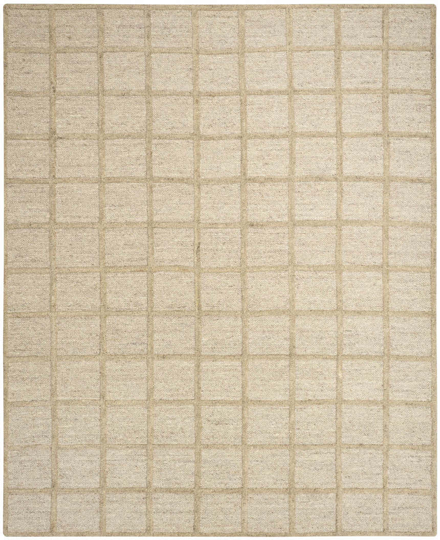 Close-up of the handmade DKNY Pure Framework Camel rug. Features a textured wool weave and modern grid pattern.