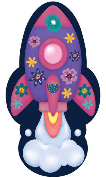 Multicolor Nourison Imagination Kids Rug with a rocket ship design featuring floral accents and a cloud base.